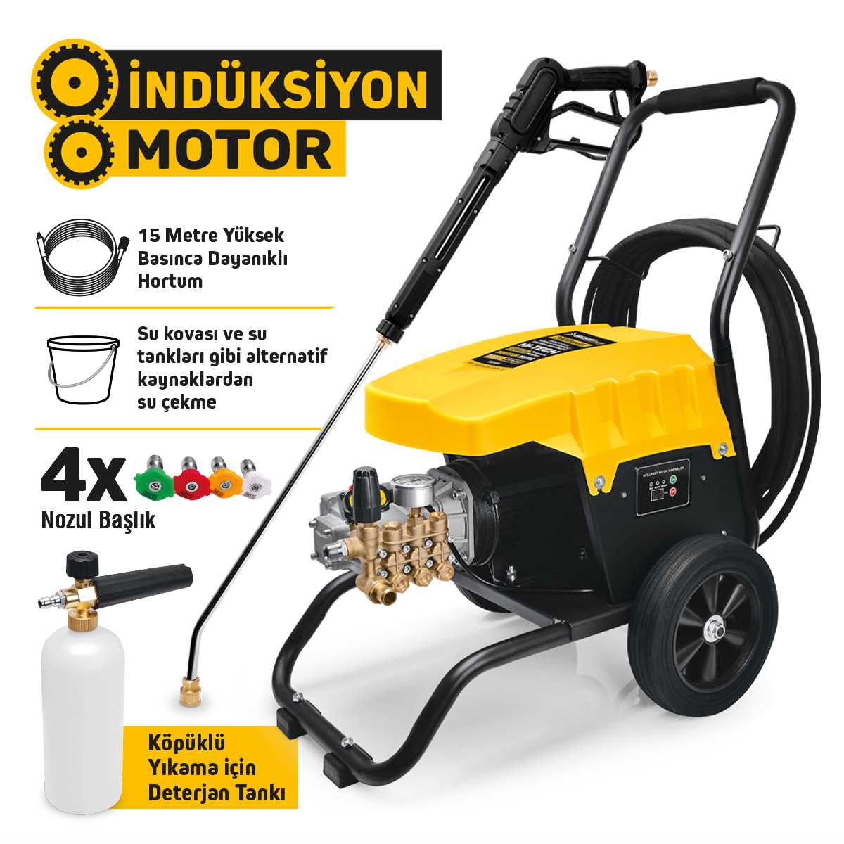 ENDÜSTRİYEL YÜKSEK BASINÇLI YIKAMA MAKİNASI 2800 WATT 150 BAR İNDÜKSİYON MOTOR